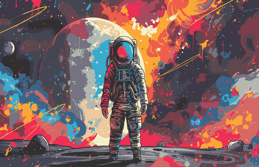 Astronauta tra schizzi colorati — design completo