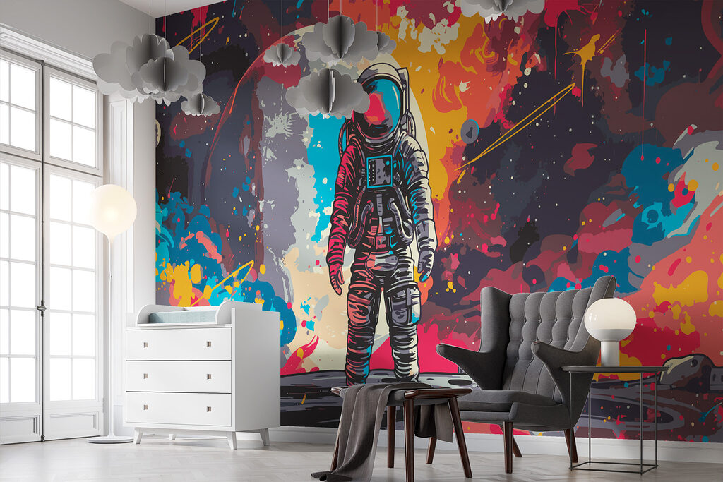 Astronauta tra schizzi colorati — ambiente 3