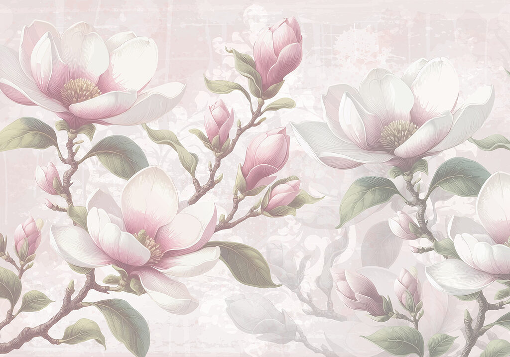 Magnolia rosa su grigio — design completo