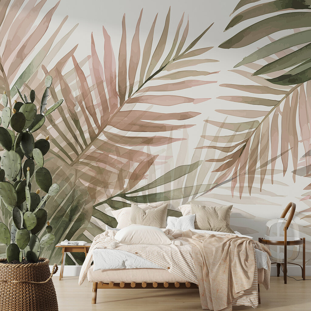 Palme olivastre e rosa in un ambiente