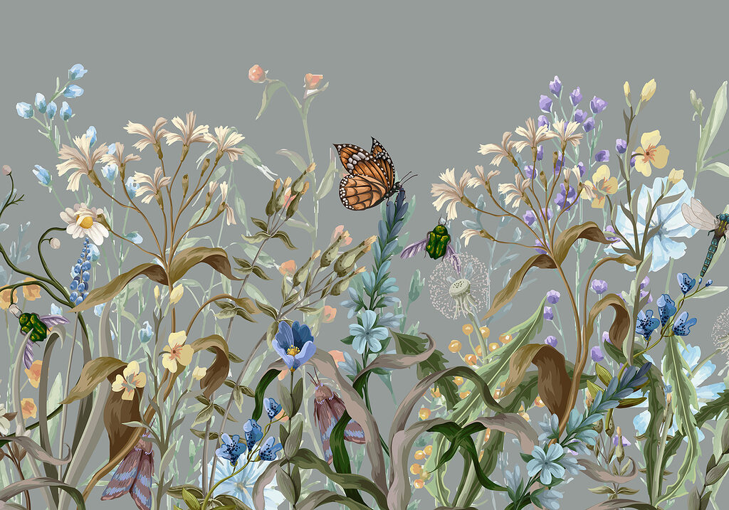 Steli fioriti e farfalla — design completo