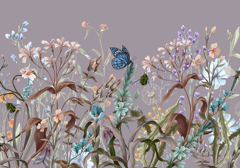 Steli fioriti e farfalla — design completo