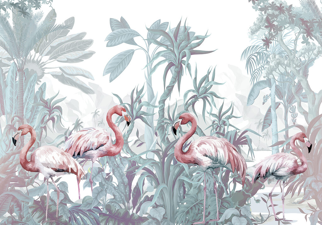 Fenicotteri tra piante tropicali — design completo