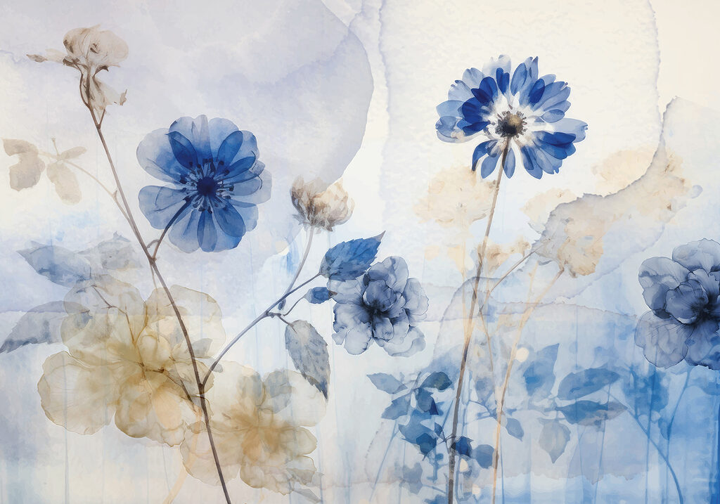 Fiori blu, velature chiare — design completo