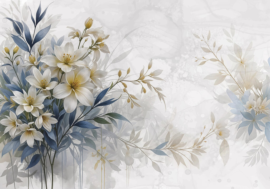 Fiori bianchi, foglie blu — design completo
