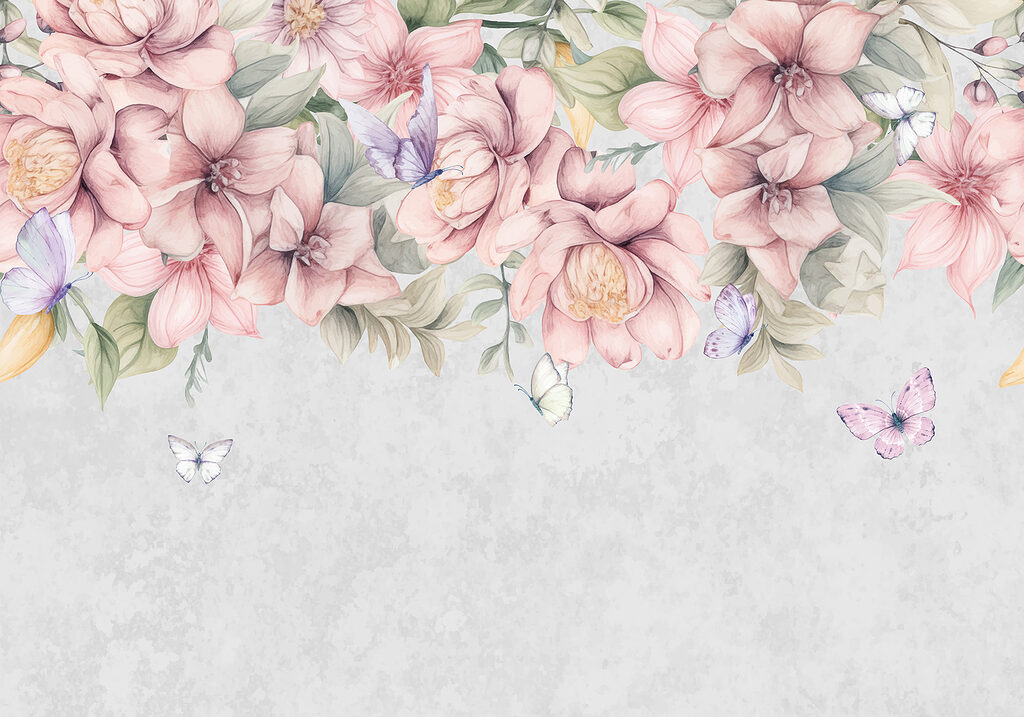 Fiori rosa sopra farfalle — design completo