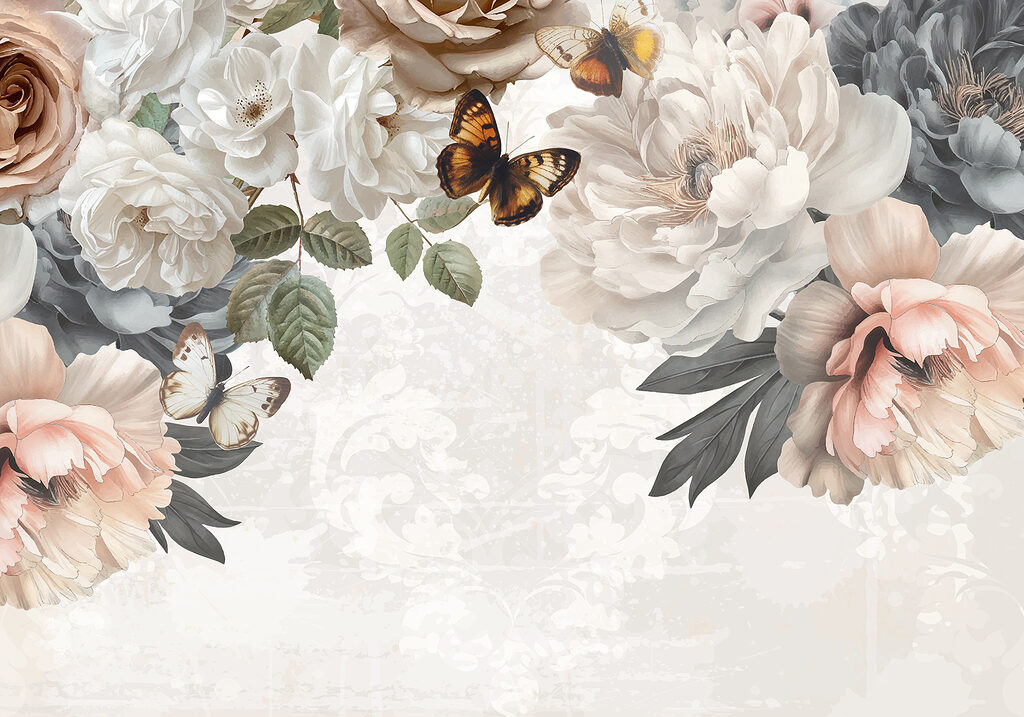Farfalle tra fiori chiari — design completo