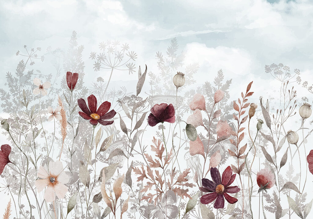 Fiori bordeaux tra l’erba — design completo