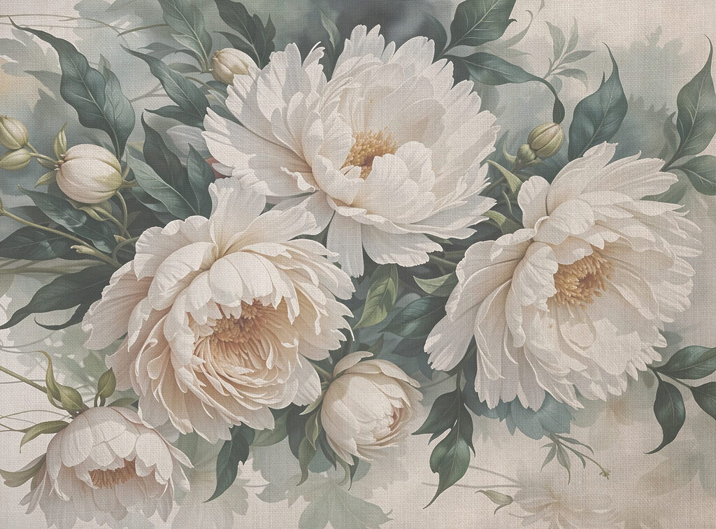 Peonie crema e fogliame — design completo