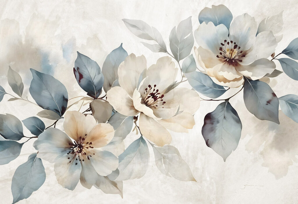 Fiori bianchi, rami blu-verdi — design completo