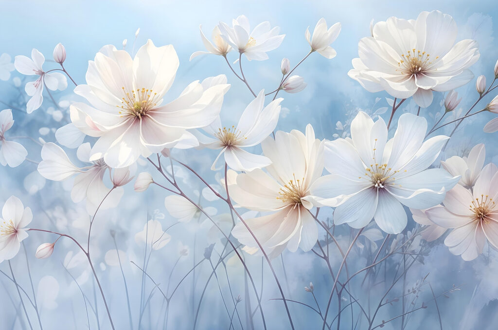 Fiori bianchi su azzurro — design completo