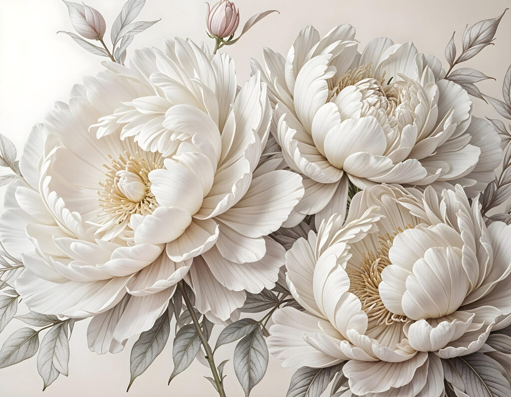 Peonie bianche e foglie — design completo