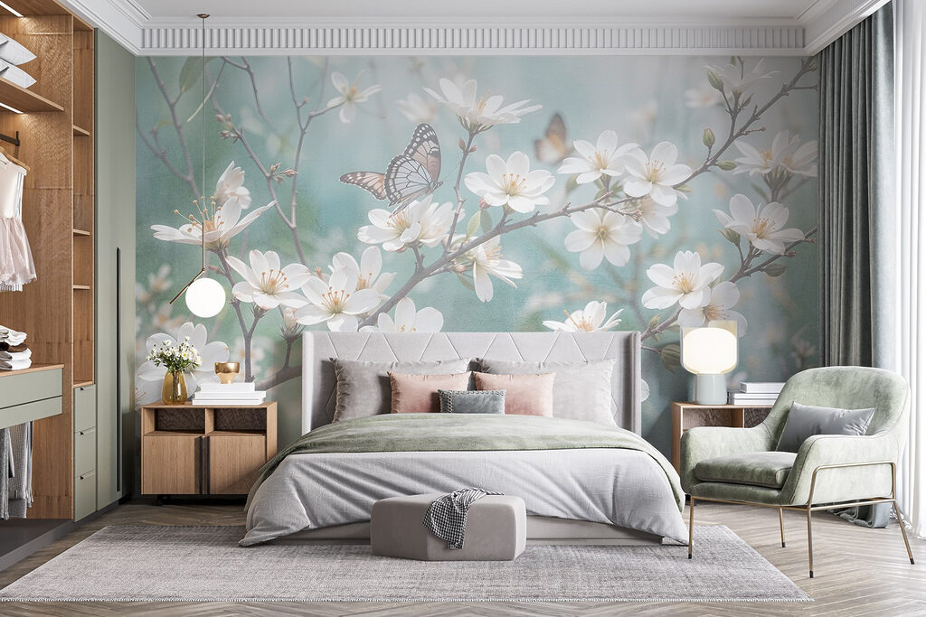 Farfalle e fiori bianchi in un ambiente