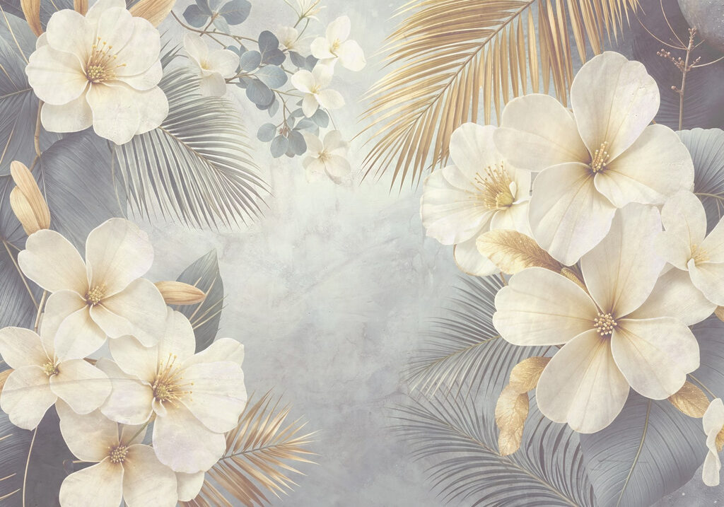 Fiori bianchi, ventagli dorati — design completo