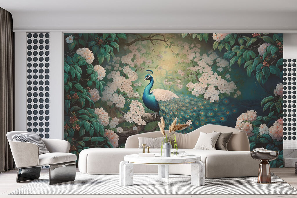 Pavone nel giardino fiorito — ambiente 2