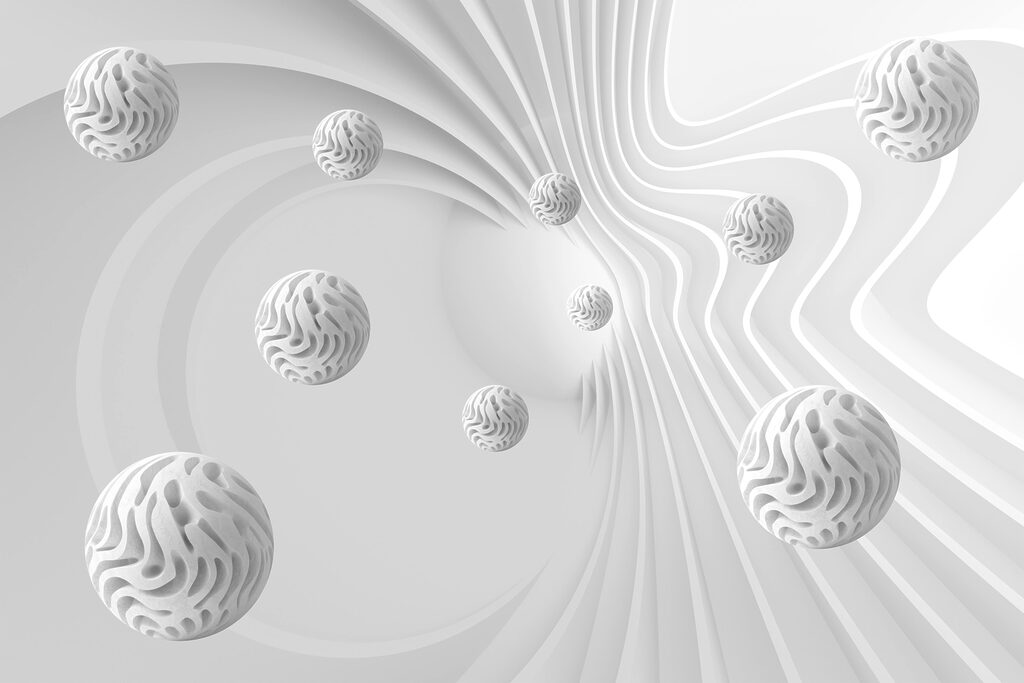 Sfere bianche tra linee — design completo
