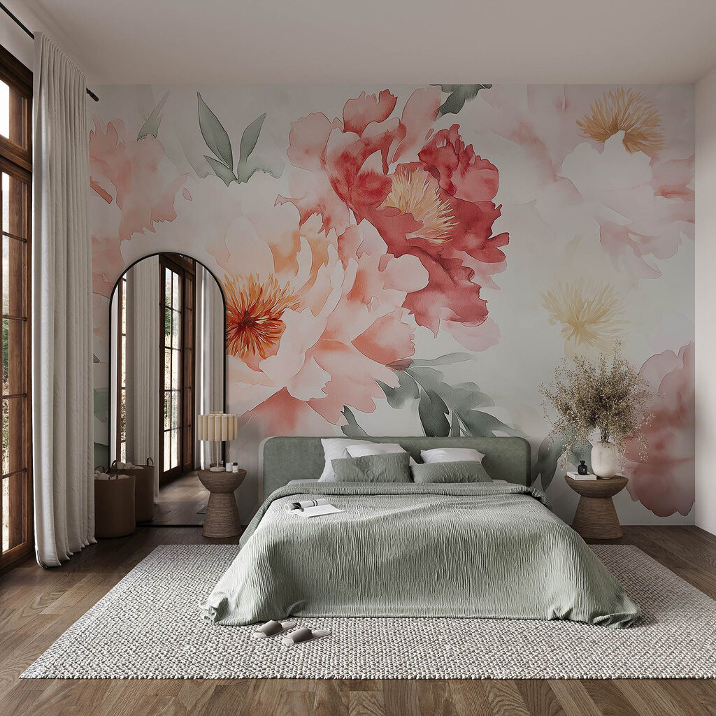 Fiori rosa in acquerello in un ambiente