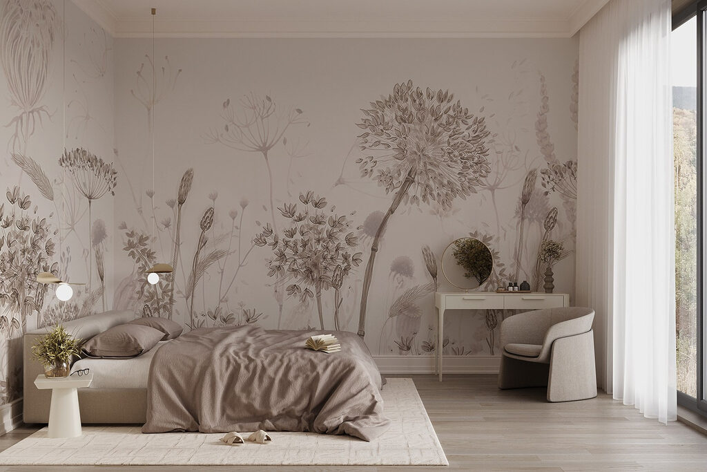 Erbe con fiori tondi in un ambiente