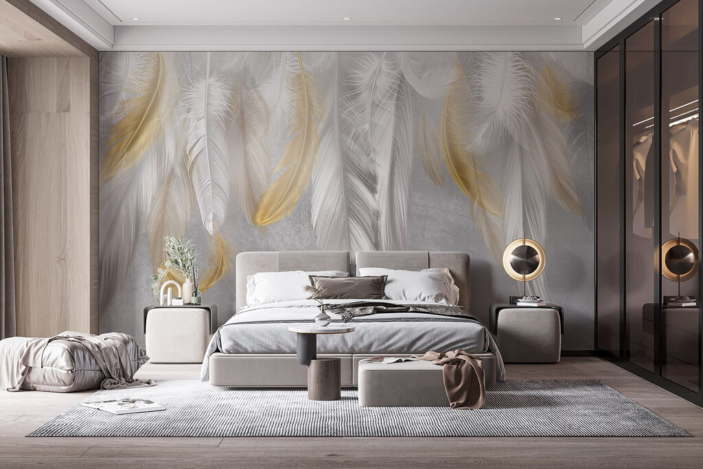 Piume dorate su bianco — ambiente 2
