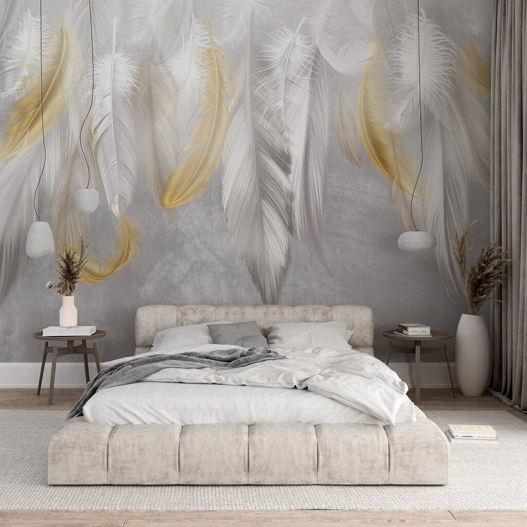 Piume dorate su bianco — ambiente 4