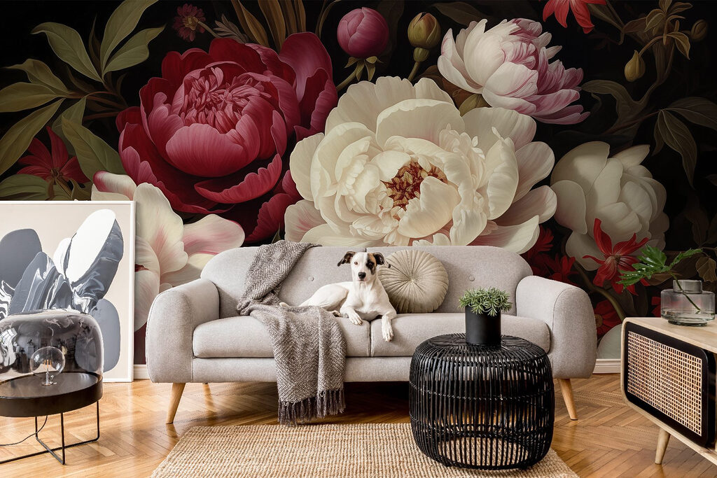 Peonie tra foglie scure — ambiente 1