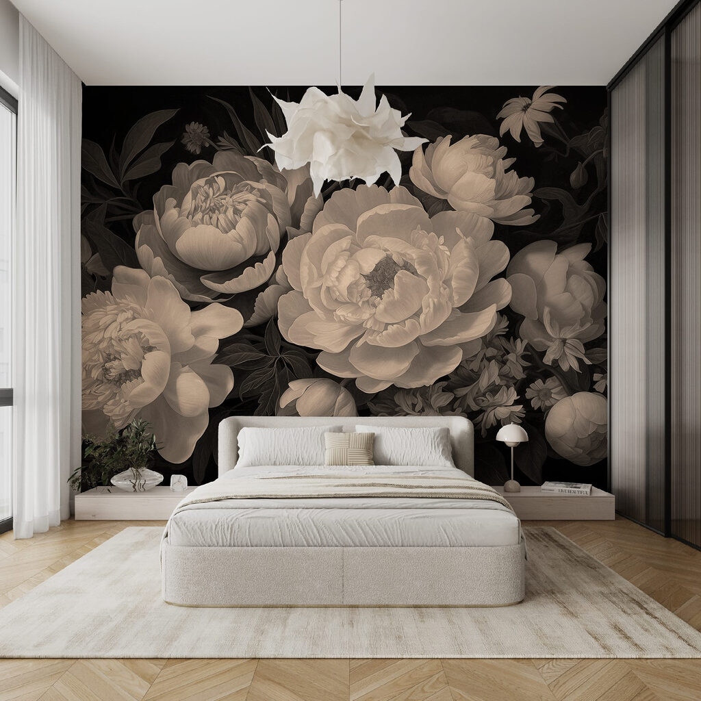 Peonie tra foglie scure in un ambiente