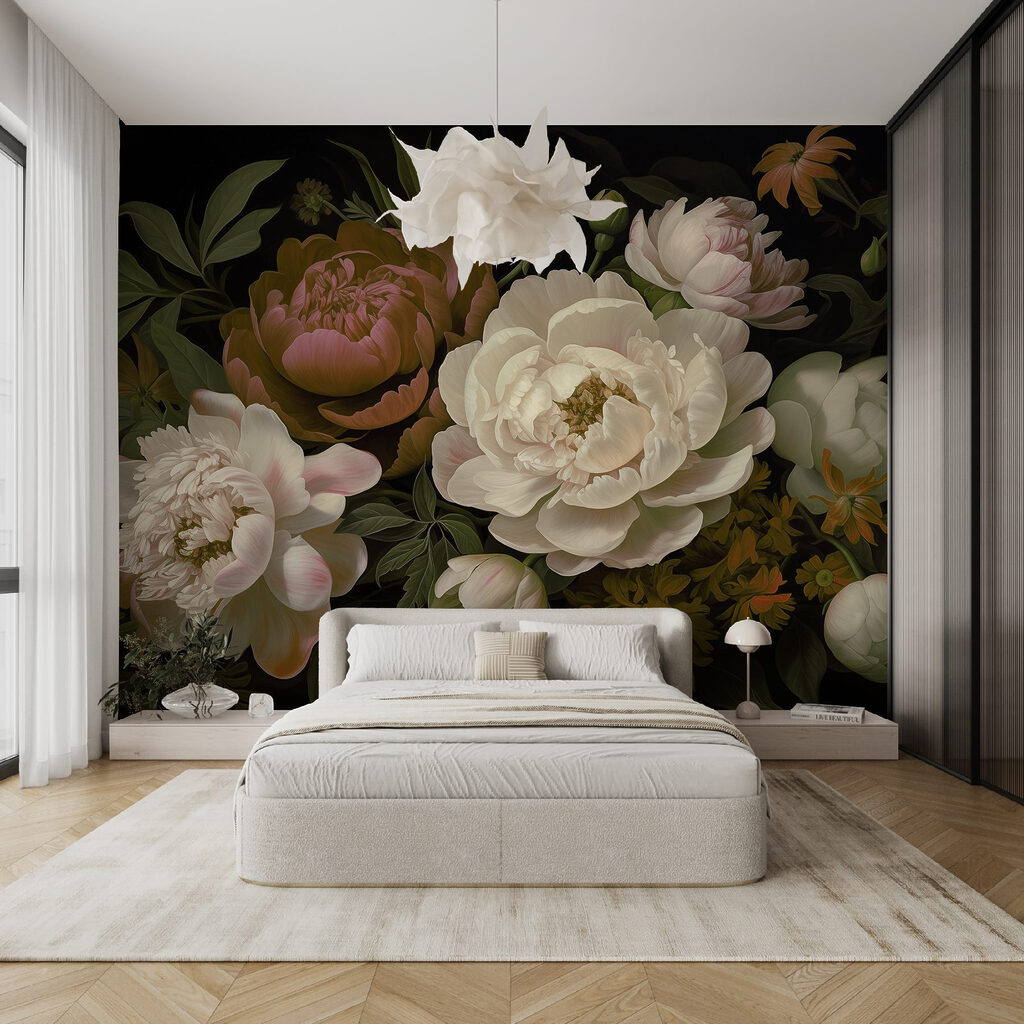 Peonie tra foglie scure — ambiente 1