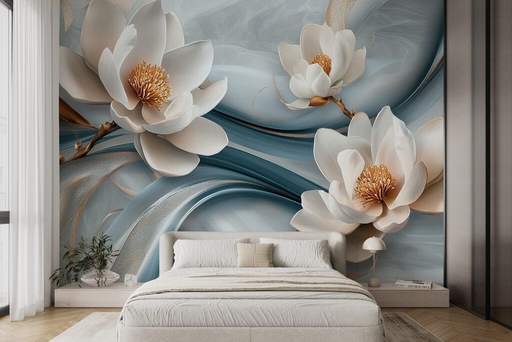 Fiori bianchi su blu in un ambiente