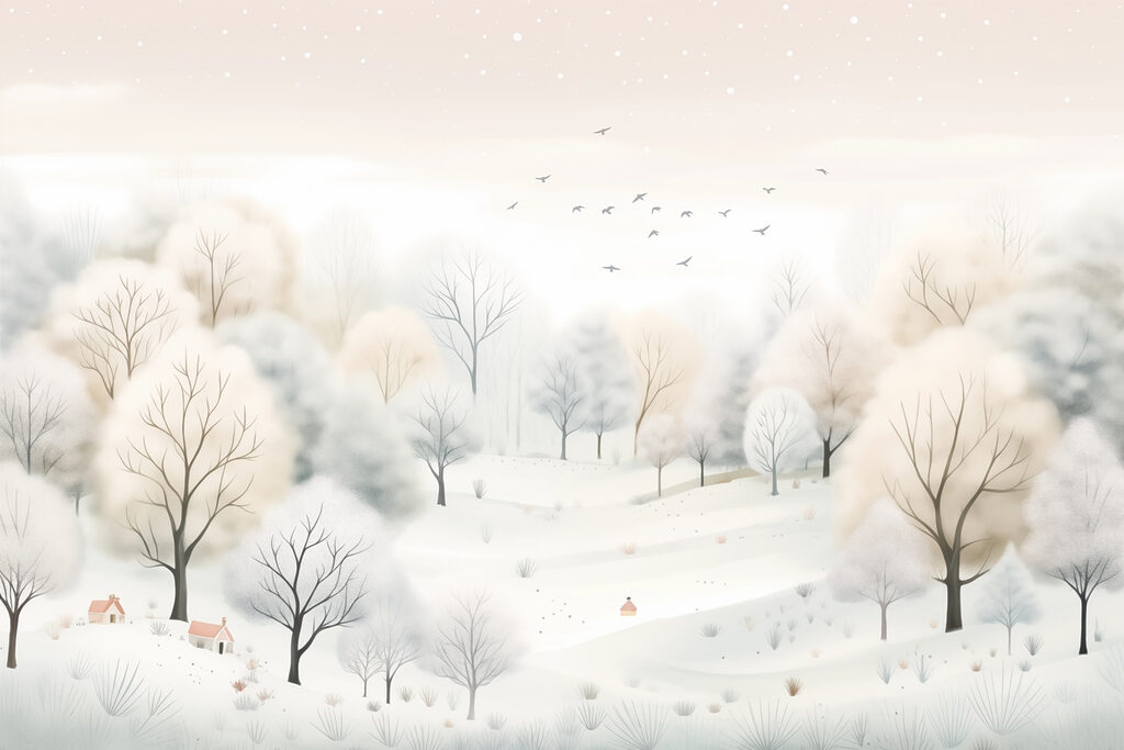 Colline innevate con uccelli — design completo