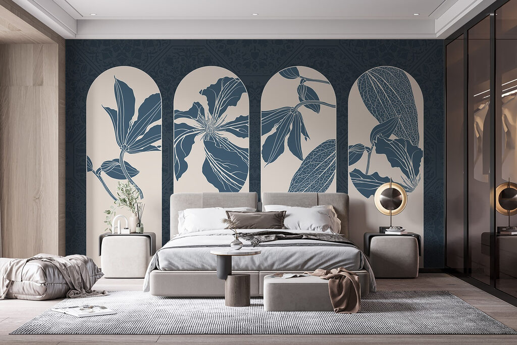 Quattro archi con fiori in un ambiente
