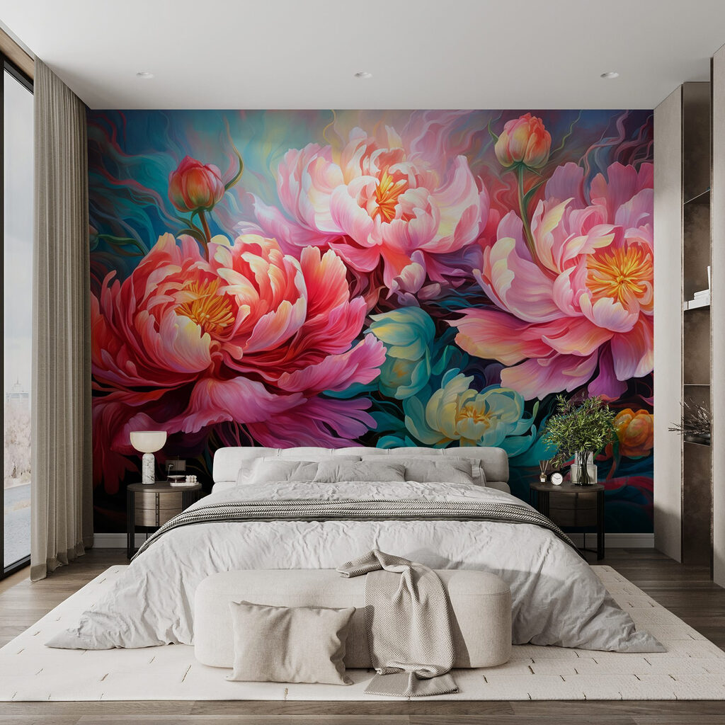 Peonie tra vortici in un ambiente