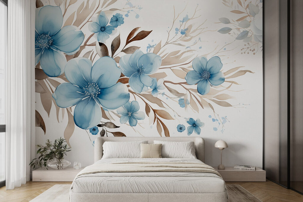 Fiori blu e rami in un ambiente