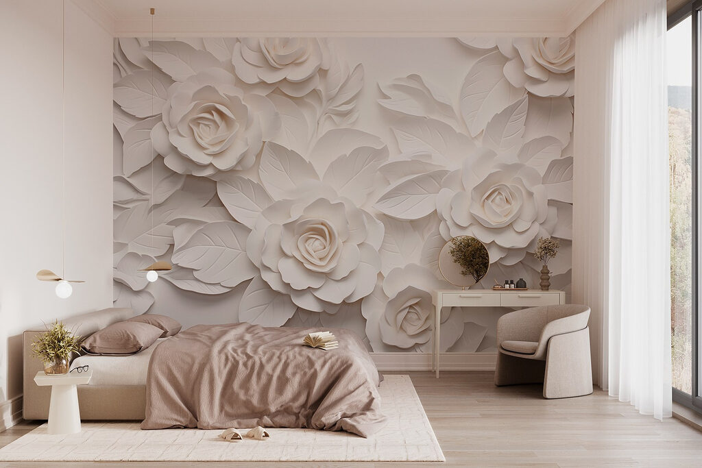 Rose bianche in rilievo — ambiente 1