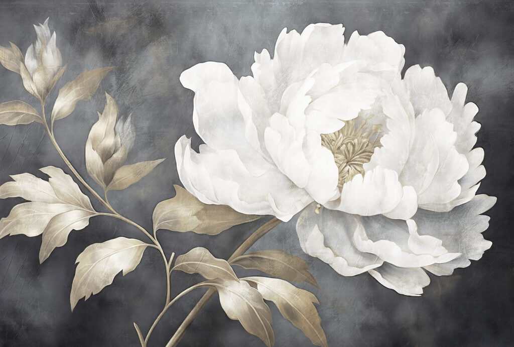 Peonia bianca su grigio — design completo
