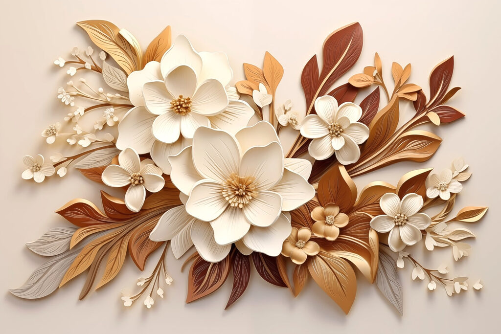 Fiori tra foglie ramate — design completo