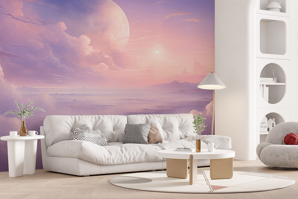Luna sopra acqua lilla in un ambiente