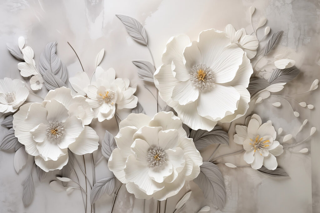 Fiori bianchi, foglie grigie — design completo