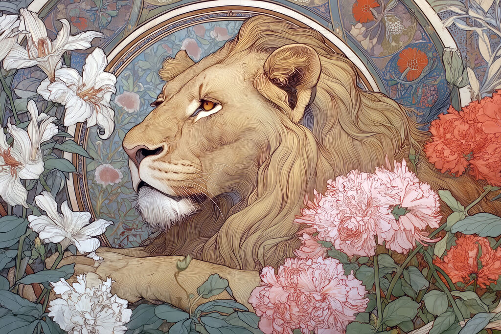 Leone tra fiori — design completo