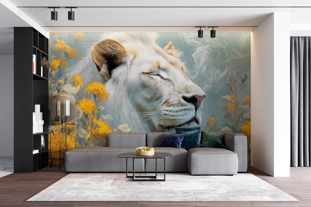 Leonessa bianca tra fiori — ambiente 4
