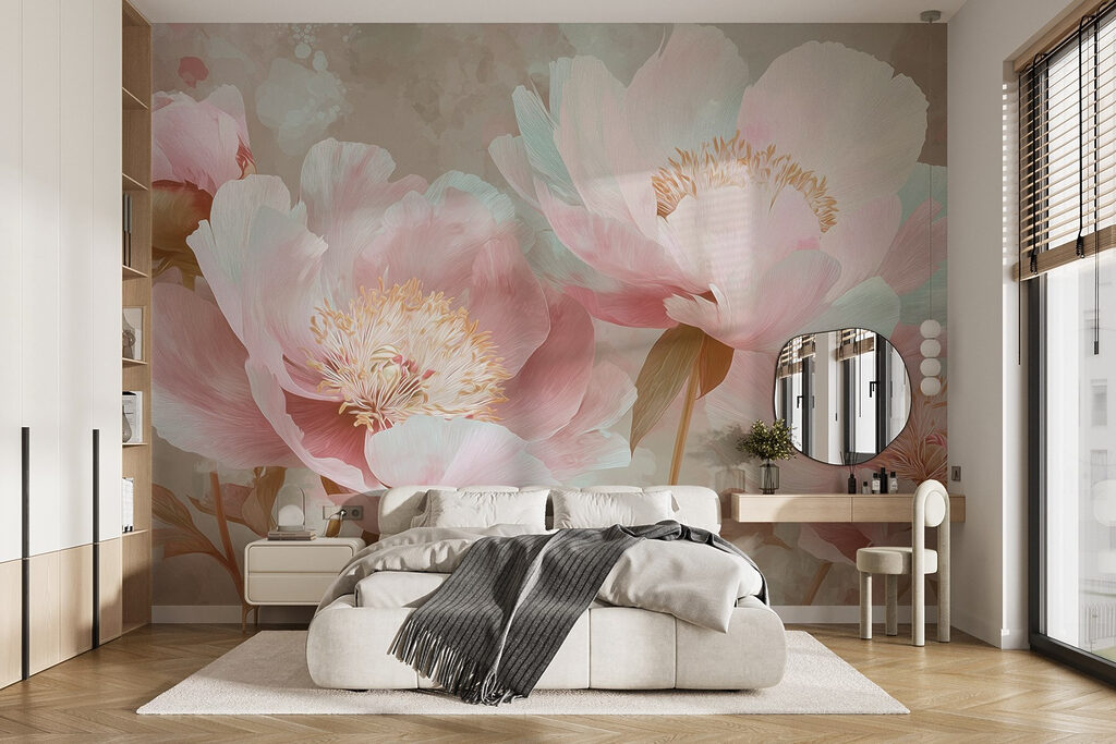 Peonie rosa, fondo blu-verde in un ambiente