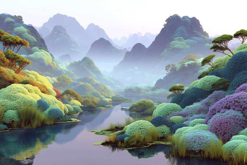 Fiume tra alberi colorati — design completo