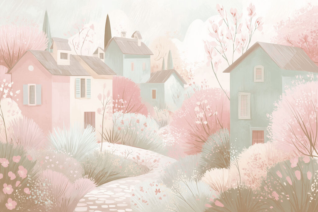 Casette pastello tra alberi — design completo