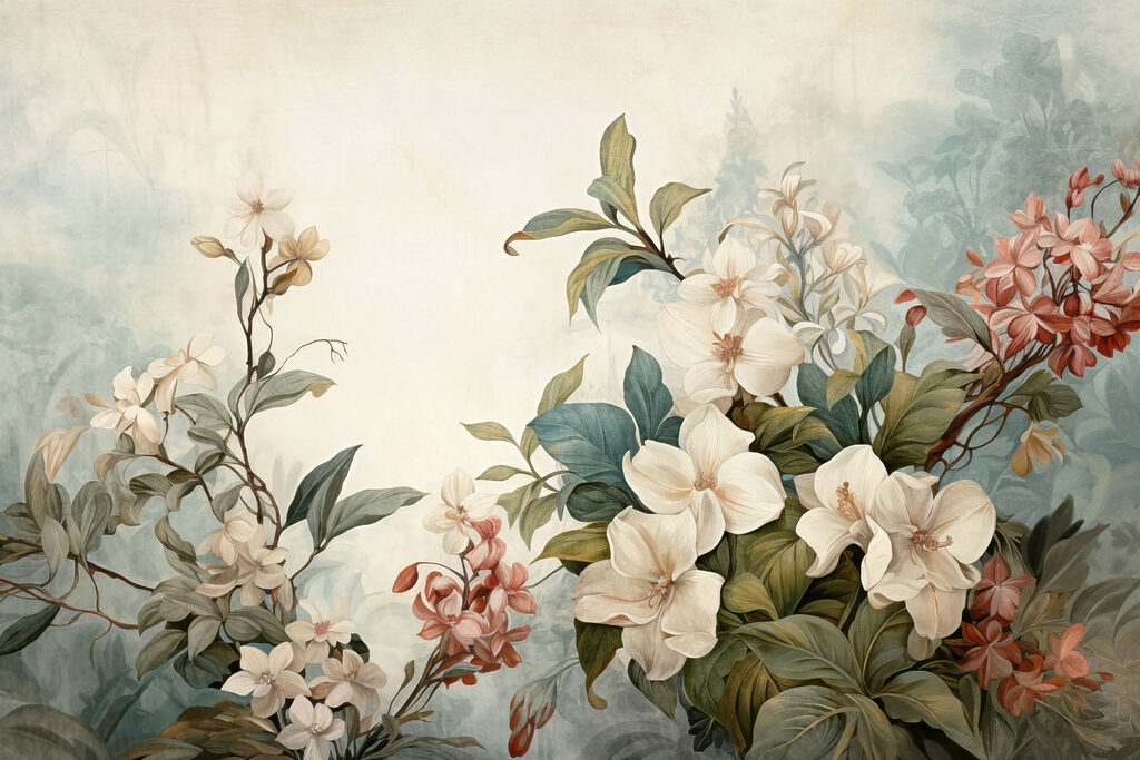 Ramo fiorito tra foglie — design completo