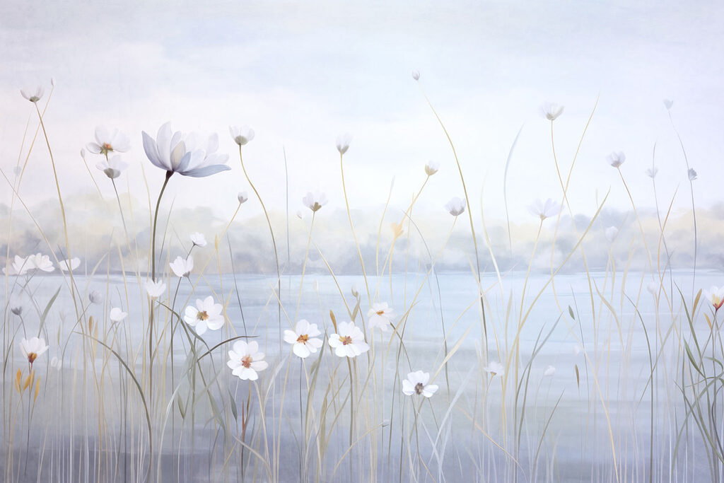 Fiori lungo l’acqua blu — design completo