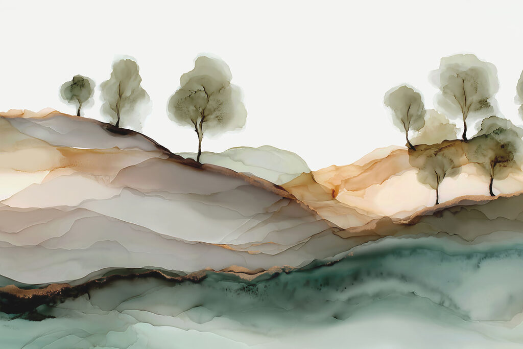 Alberini su colline astratte — design completo