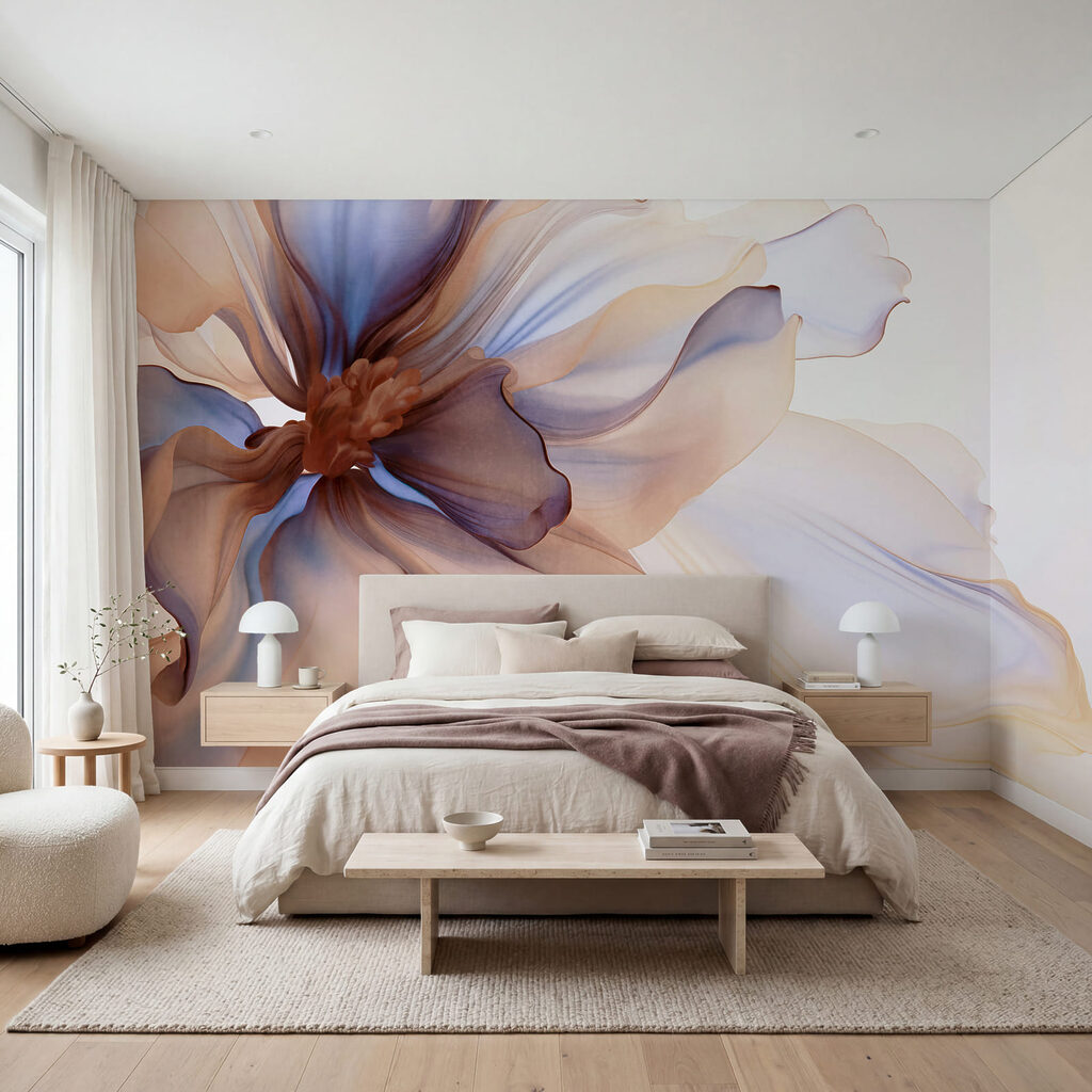 Petali blu e caramello in un ambiente