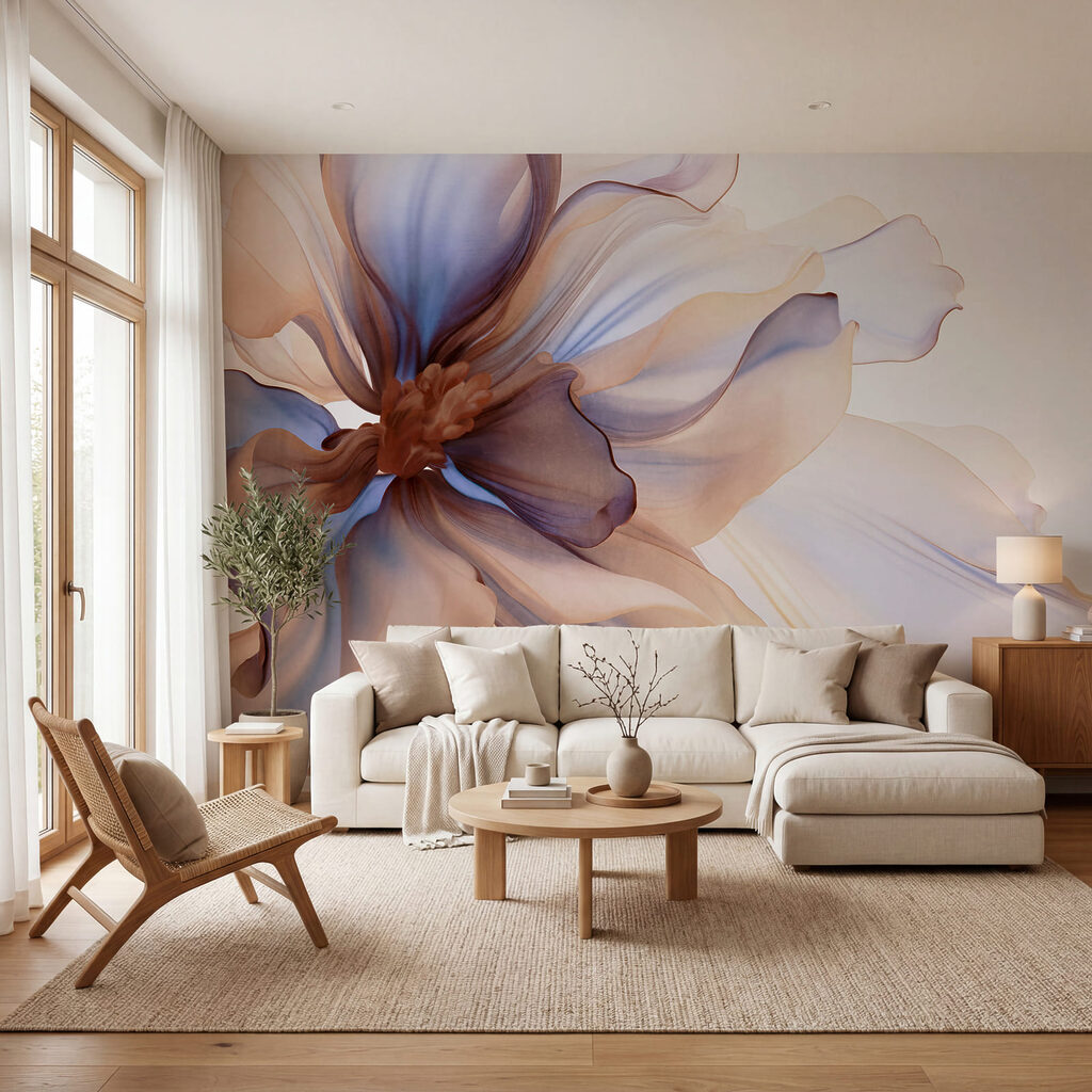 Petali blu e caramello in un ambiente